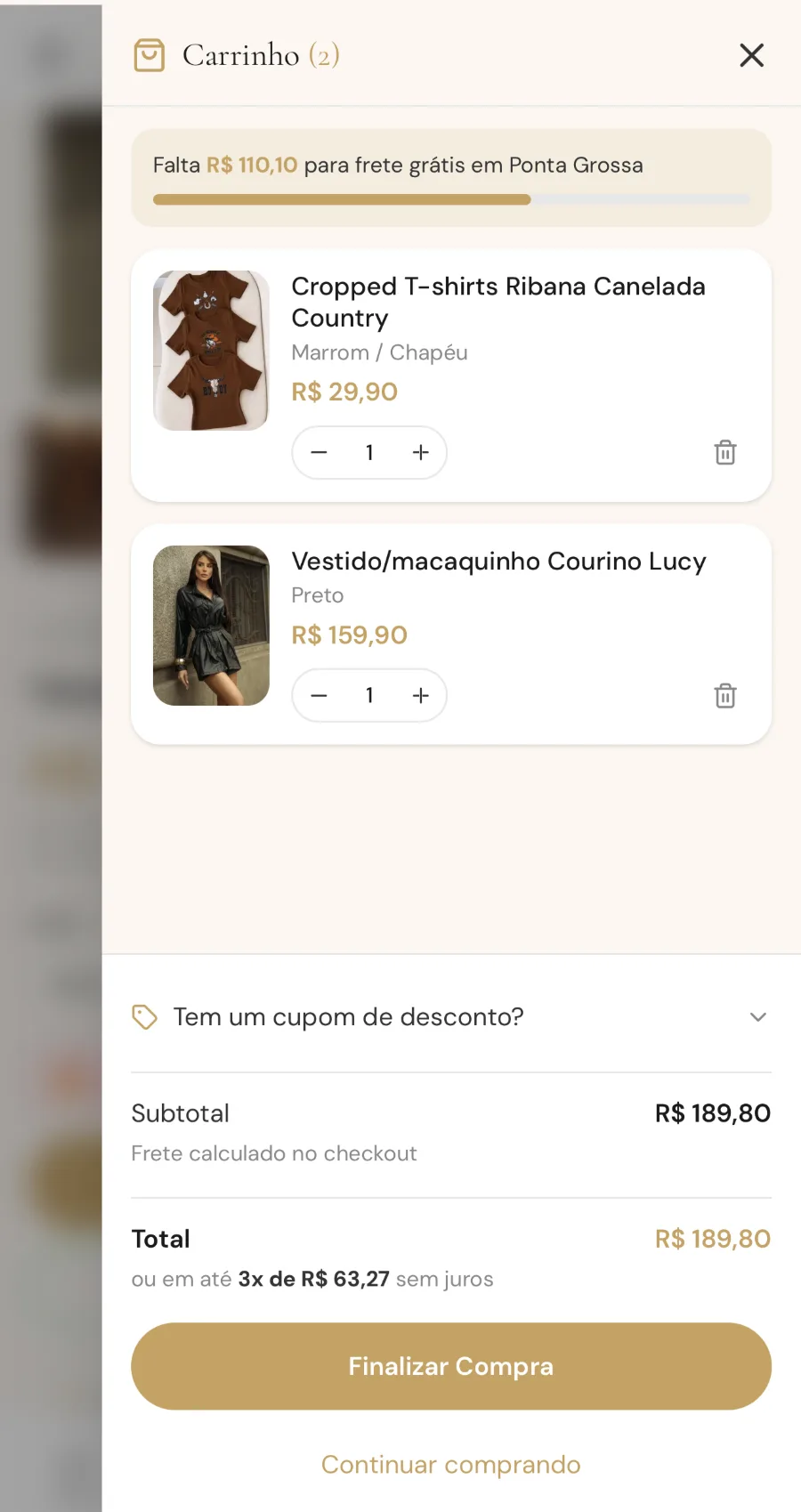 Carrinho no mobile — Aloha Camilly